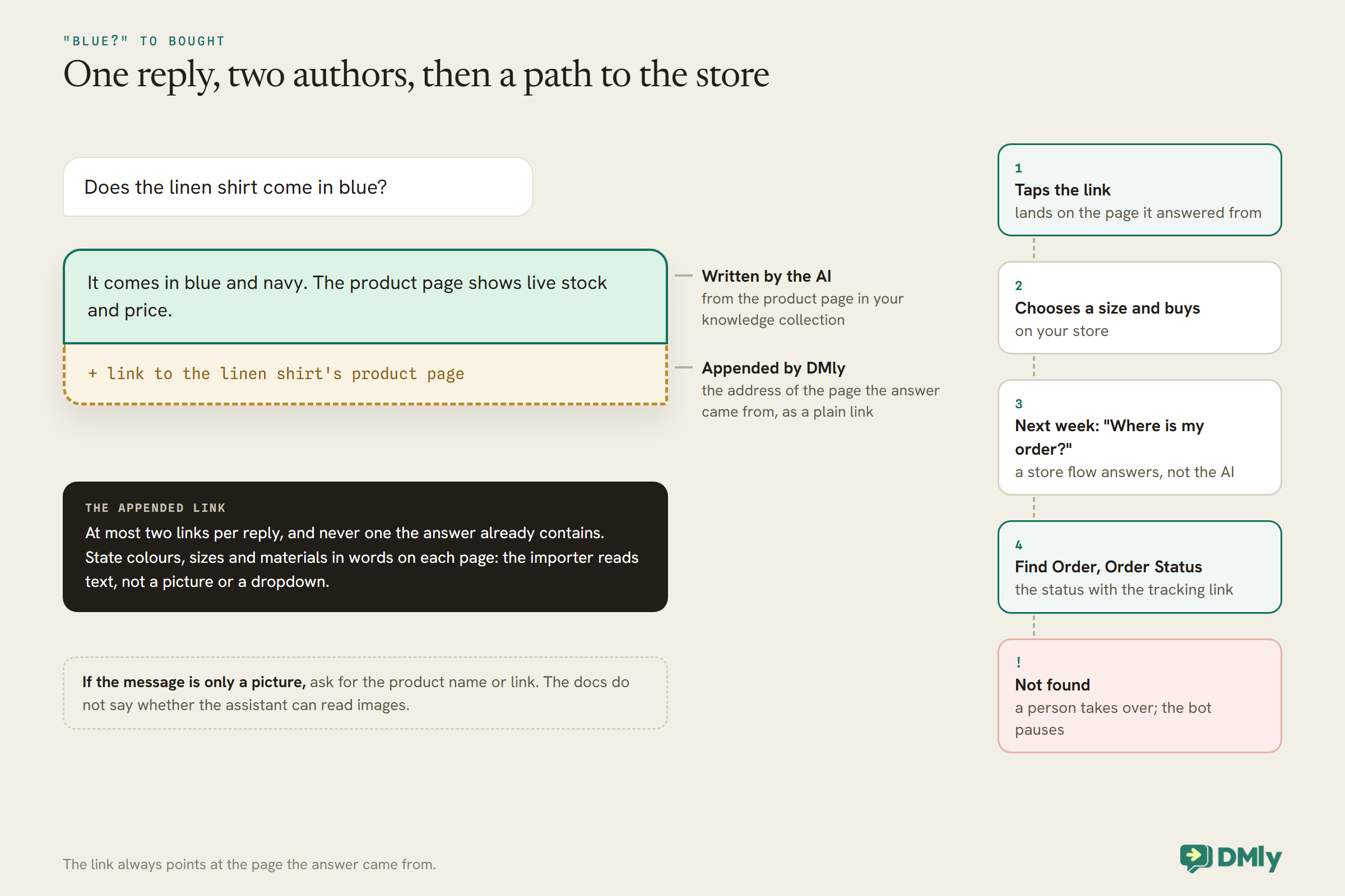 A shopper asks whether the linen shirt comes in blue. The reply is split into two layers: the answer written by the AI from the product page, that it comes in blue and navy, and a link to the product page appended by DMly, at most two links per reply. A path on the right runs from tapping the link and buying on the store to asking where the order is a week later, which a store flow answers with Find Order and Order Status, and a person takes over if the order is not found.