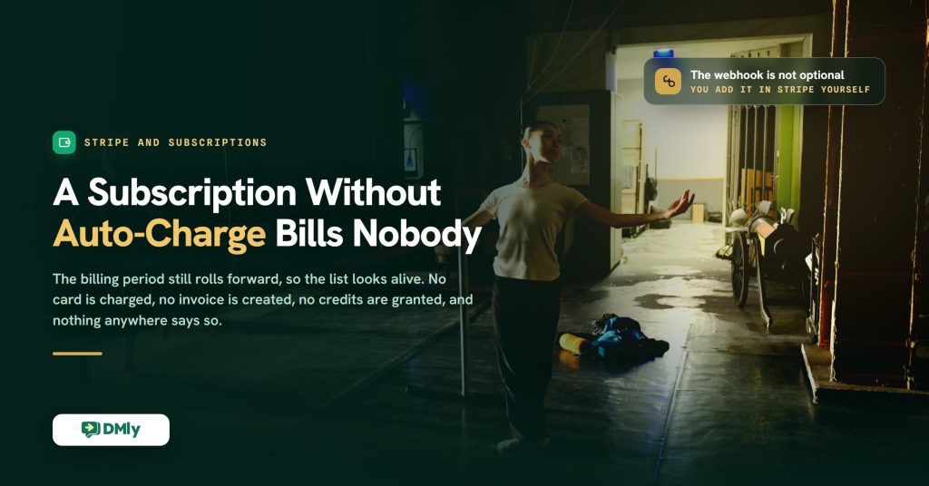Featured image for the guide to connecting Stripe to a customer messaging workflow, a deep green card over a photograph of a dancer standing alone in a dim backstage corridor with one arm outstretched, carrying the headline that a subscription without auto-charge bills nobody.