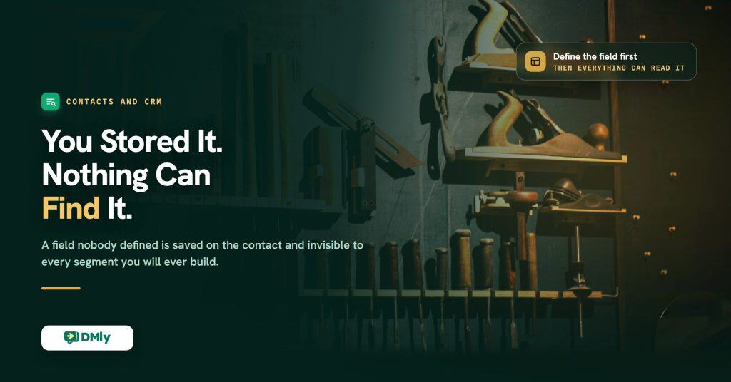 Featured image for the guide to creating CRM contacts automatically from WhatsApp messages, a deep green card over a photograph of a workshop wall of hand tools each hung in its own marked place, carrying the headline that you stored it and nothing can find it.