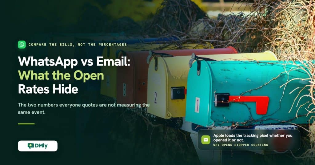 Cover image for a comparison of WhatsApp and email marketing, showing a row of colourful roadside mailboxes, with the note that Apple loads the email tracking pixel whether or not the message was opened.