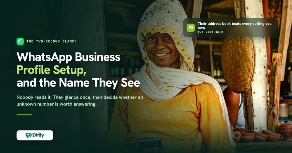 Cover image for a guide to setting up a WhatsApp Business profile, showing a market trader holding a phone at her stall, with the note that a customer who has saved your number sees their own label rather than any setting you own.