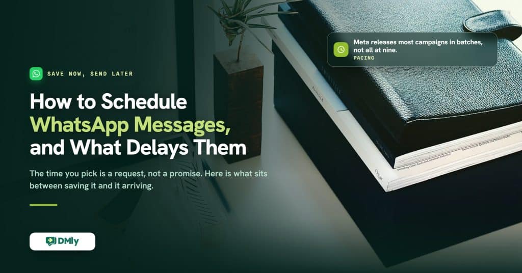 Cover image for a guide to scheduling WhatsApp messages, showing a desk with a leather planner and books beside a wall clock, with a note that Meta releases most scheduled campaigns in batches rather than all at the minute you chose.