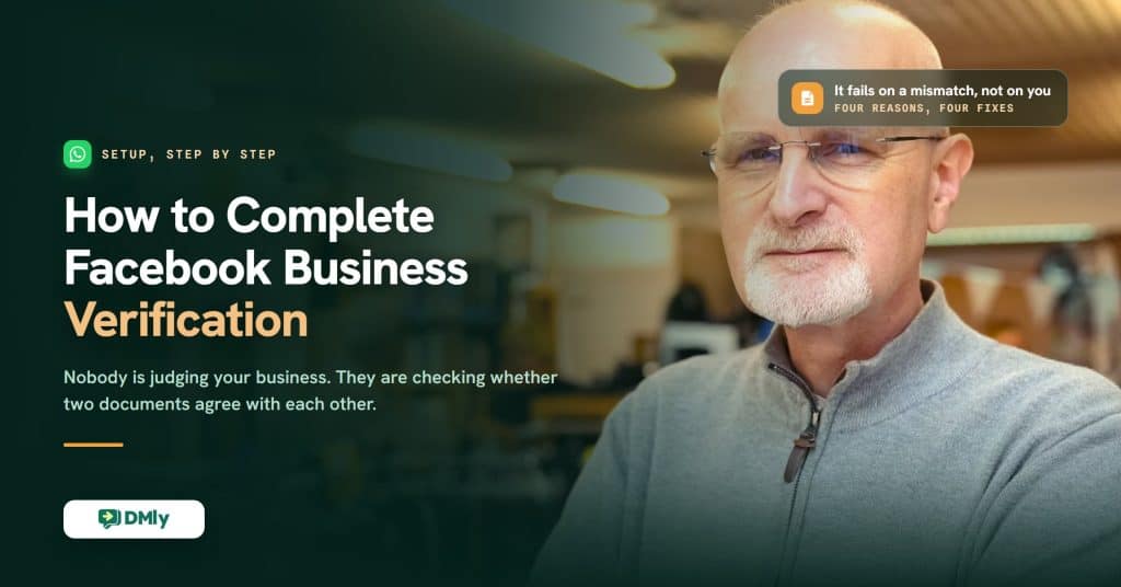 A shop owner in a grey zip-neck jumper stands in his store beside the headline How to Complete Facebook Business Verification, with a card reading that verification fails on a mismatch rather than on you, four reasons and four fixes.