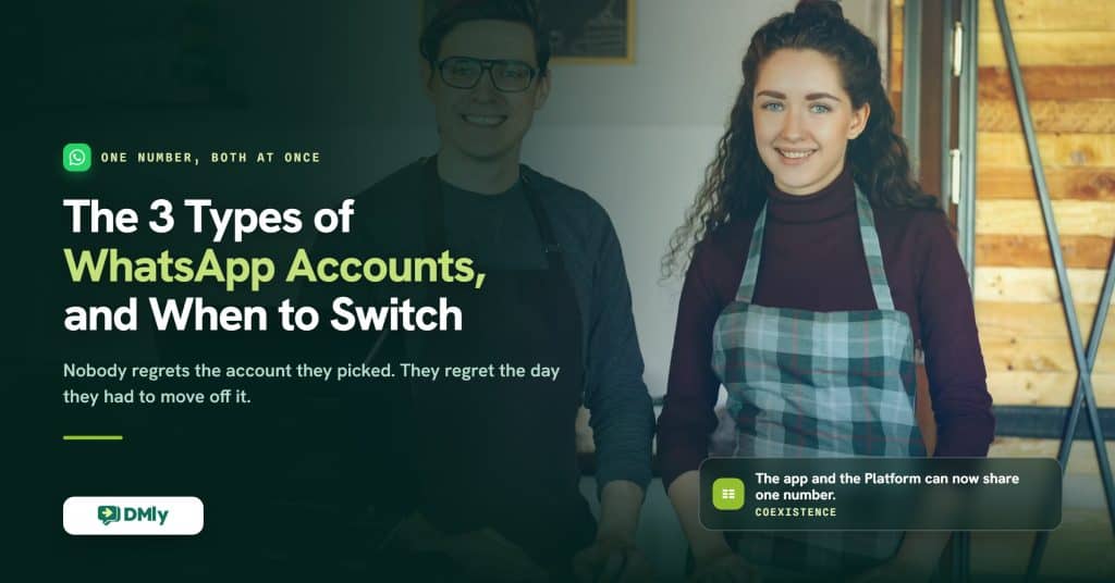 Cover image for a guide to the three types of WhatsApp account, showing two cafe workers behind a counter, with the note that the WhatsApp Business app and the WhatsApp Business Platform can now share one number through coexistence.