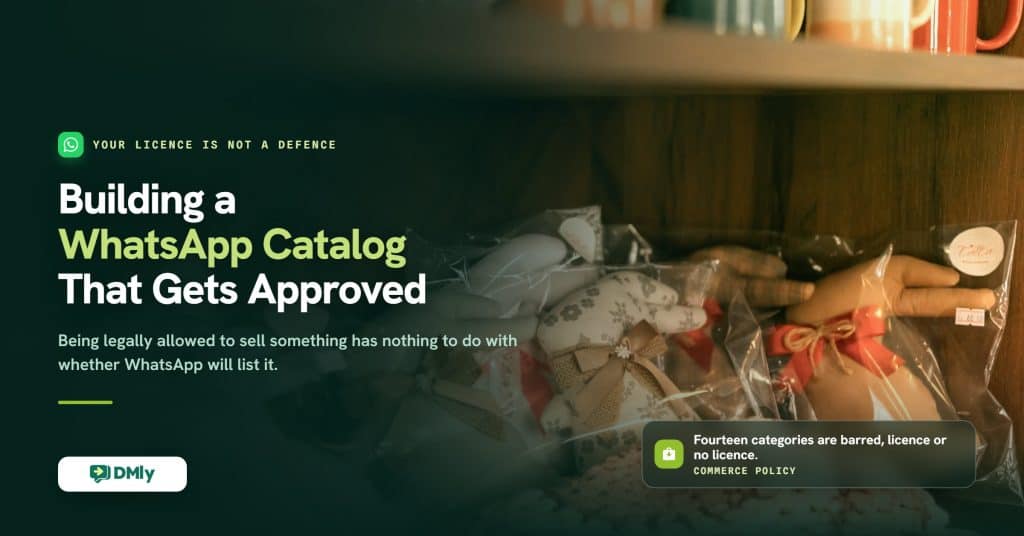 Cover image for a guide to building a WhatsApp Business catalog that gets approved, showing packaged handmade products on a shop shelf, with the note that fourteen product categories are barred whatever licence a business holds.