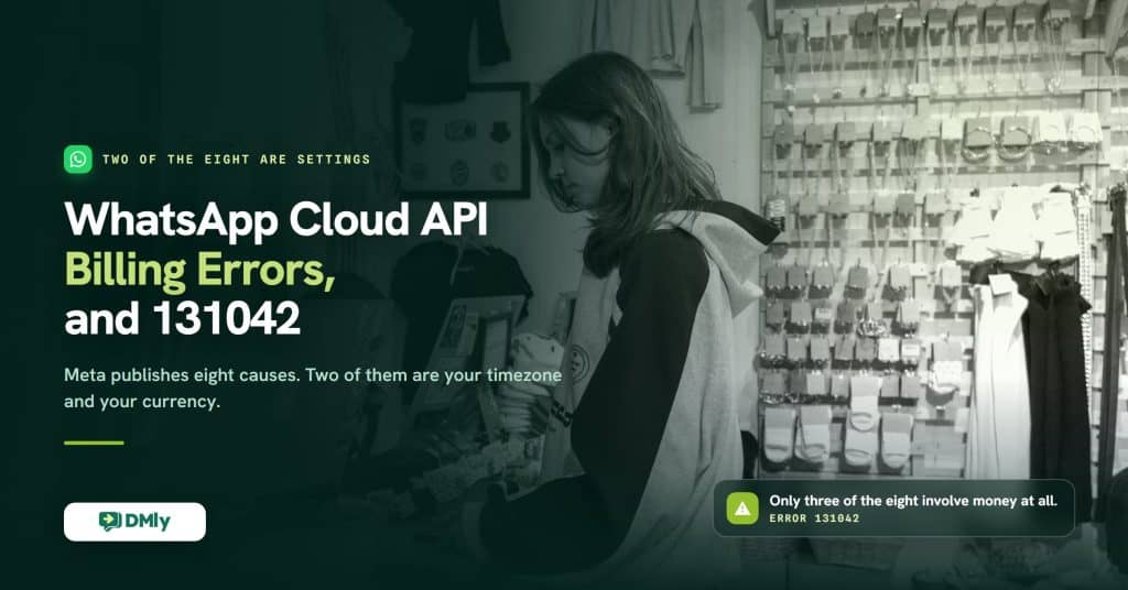 Cover image for a guide to WhatsApp Cloud API billing errors and error 131042, showing a shop owner working at a screen behind the counter, with the note that only three of Meta eight documented causes involve money at all.