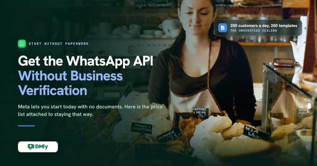 A bakery owner in an apron stands behind her counter of meringues and pastries beside the headline Get the WhatsApp API Without Business Verification, with a card noting the unverified ceiling of 250 customers a day and 250 message templates.