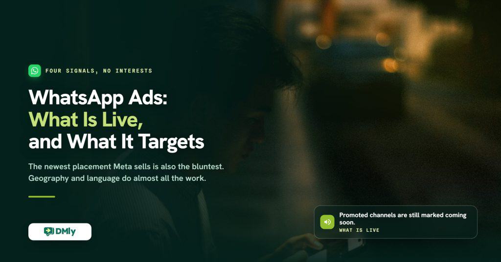 Cover image for a guide to WhatsApp ads, showing a person absorbed in a phone on a street at night, with the note that promoted channels are still marked coming soon by Meta.