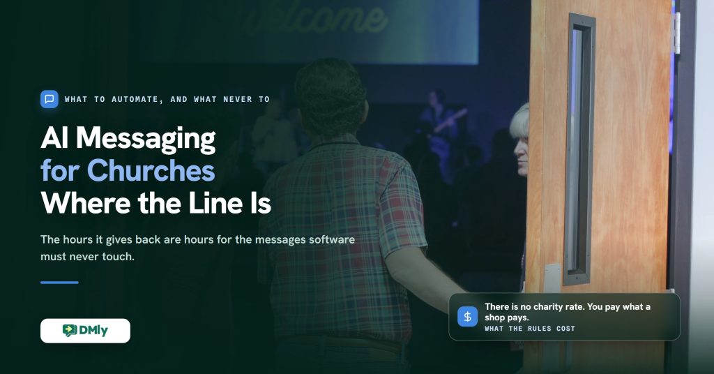 Cover image for a guide to AI messaging for churches, showing a greeter holding open a door as people arrive for a service beneath a Welcome screen, with the note that there is no charity rate and a church pays what a shop pays for the same message.
