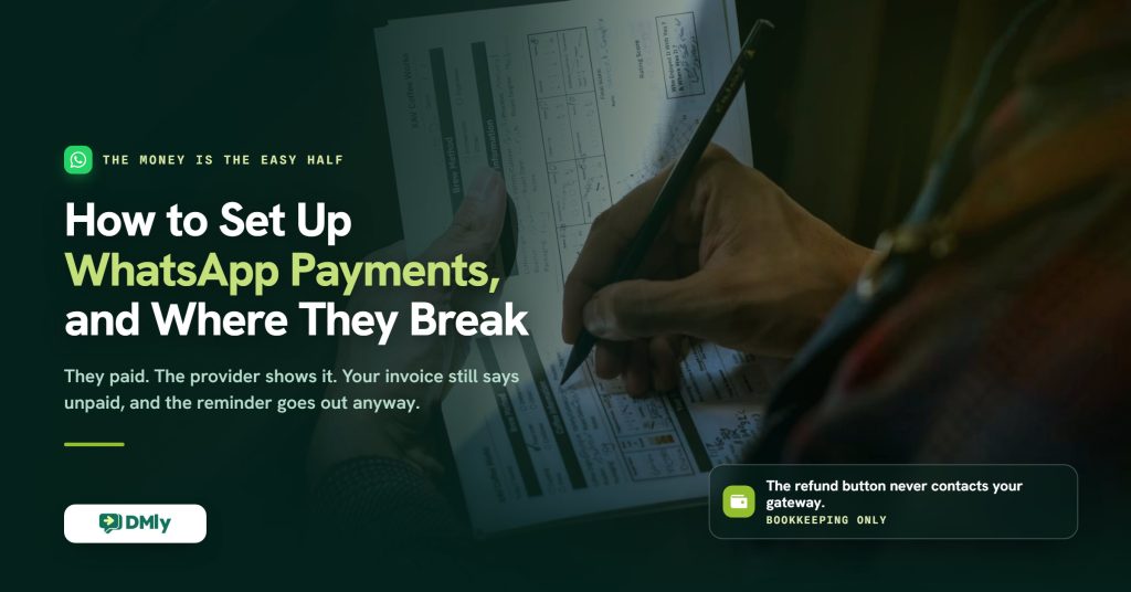 Cover image for a guide to setting up WhatsApp payments, showing a pair of hands filling in a paper record by pencil, with the note that the refund button never contacts your payment gateway and is bookkeeping only.