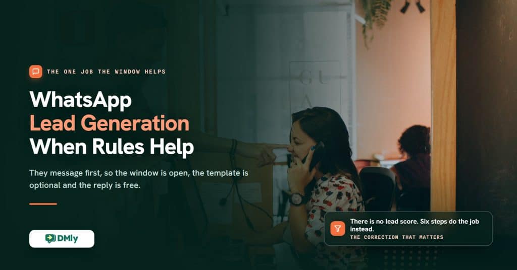 Cover image for a guide to WhatsApp lead generation, showing a smiling receptionist taking a call at a counter while a colleague leans across it, with the note that there is no lead score in the product and six flow steps do the job instead.