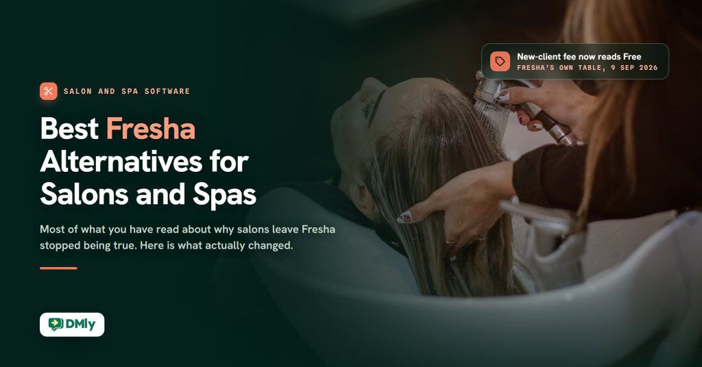 Dark green featured card for the guide Best Fresha Alternatives for Salons and Spas, with a stylist washing a client's hair at a salon basin on the right, a chip reading New-client fee now reads Free, and the DMly logo.