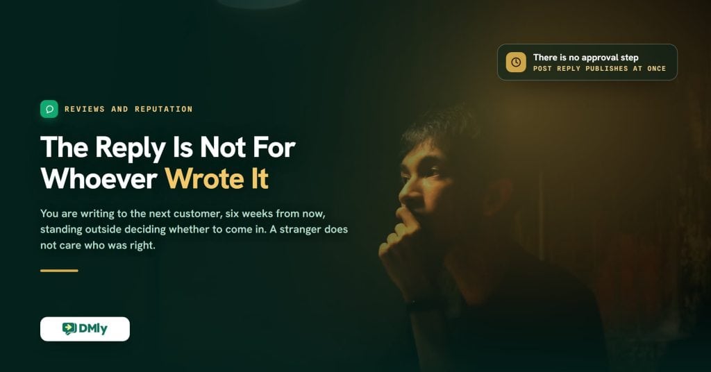 Featured image for the guide to handling negative Google reviews, a deep green card over a photograph of a young man resting his chin on his hand and thinking, lit from one side in a dark room, carrying the headline that the reply is not for whoever wrote it.