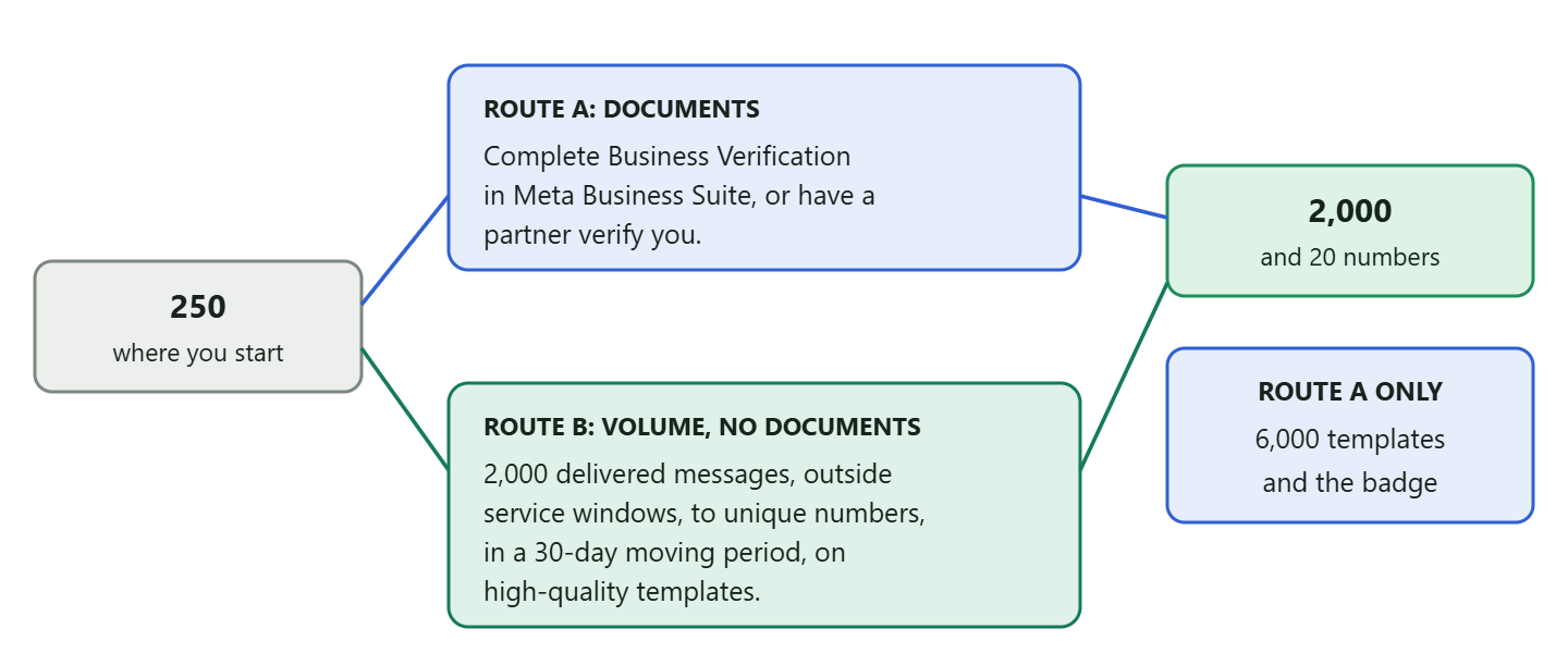 A diagram showing Meta's three published routes off the 250 messaging tier, grouped into two: the document route, which is completing Business Verification yourself or having the partner who onboarded you verify the business, and the volume route, which is delivering 2,000 messages outside customer service windows to unique WhatsApp numbers within a 30-day moving period using templates with a high quality rating. Both arrive at the 2,000 tier and both raise the phone number cap from two to twenty, but only the document route brings the 6,000 template ceiling and eligibility for Official Business Account status.
