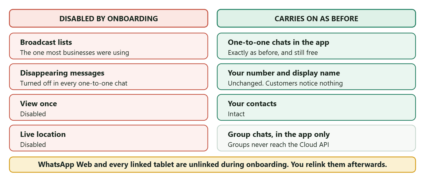 Two grouped lists showing what WhatsApp coexistence turns off and what it leaves alone. Turned off: broadcast lists are disabled, disappearing messages are turned off for all one-to-one chats, view once messages are disabled, and live location messages are disabled. Left working: one-to-one chats typed in the app, your existing contacts, your phone number and display name, and group chats inside the app even though groups never reach the Cloud API. A closing line notes that companion devices such as WhatsApp Web and linked tablets are unlinked during onboarding and must be linked again.