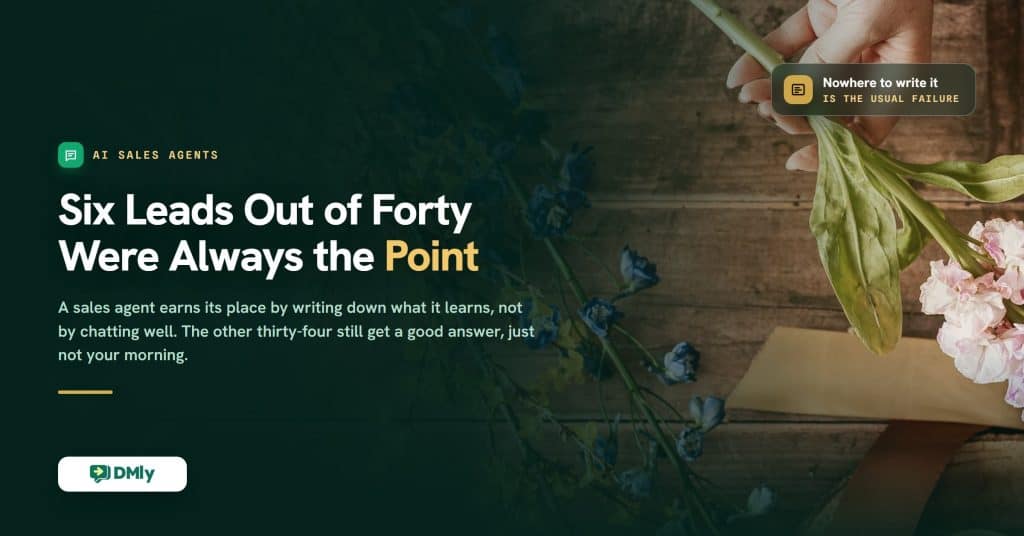 Featured image for the guide to building a WhatsApp AI sales agent, a deep green card over a photograph of a florist's hands lifting cut stems from a wooden bench beside a paper wrap, carrying the headline that six leads out of forty were always the point.