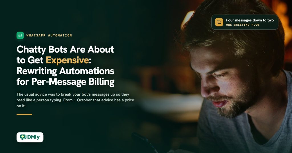 A man sits in a dim, warm-lit room looking down at the phone in his hands, beside the headline Chatty Bots Are About to Get Expensive: Rewriting Automations for Per-Message Billing and a small dark card reading Four messages down to two, one greeting flow.