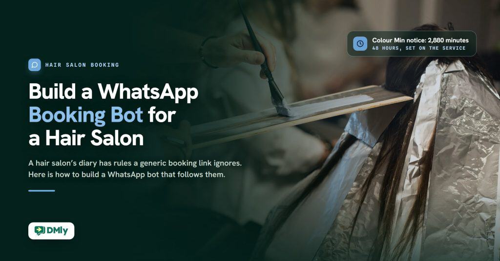 Dark green featured card for the guide How to Build a WhatsApp Booking Bot for a Hair Salon, with a stylist painting colour onto a strand of hair over a board beside a client in foils on the right, a chip reading Colour Min notice: 2,880 minutes, and the DMly logo.