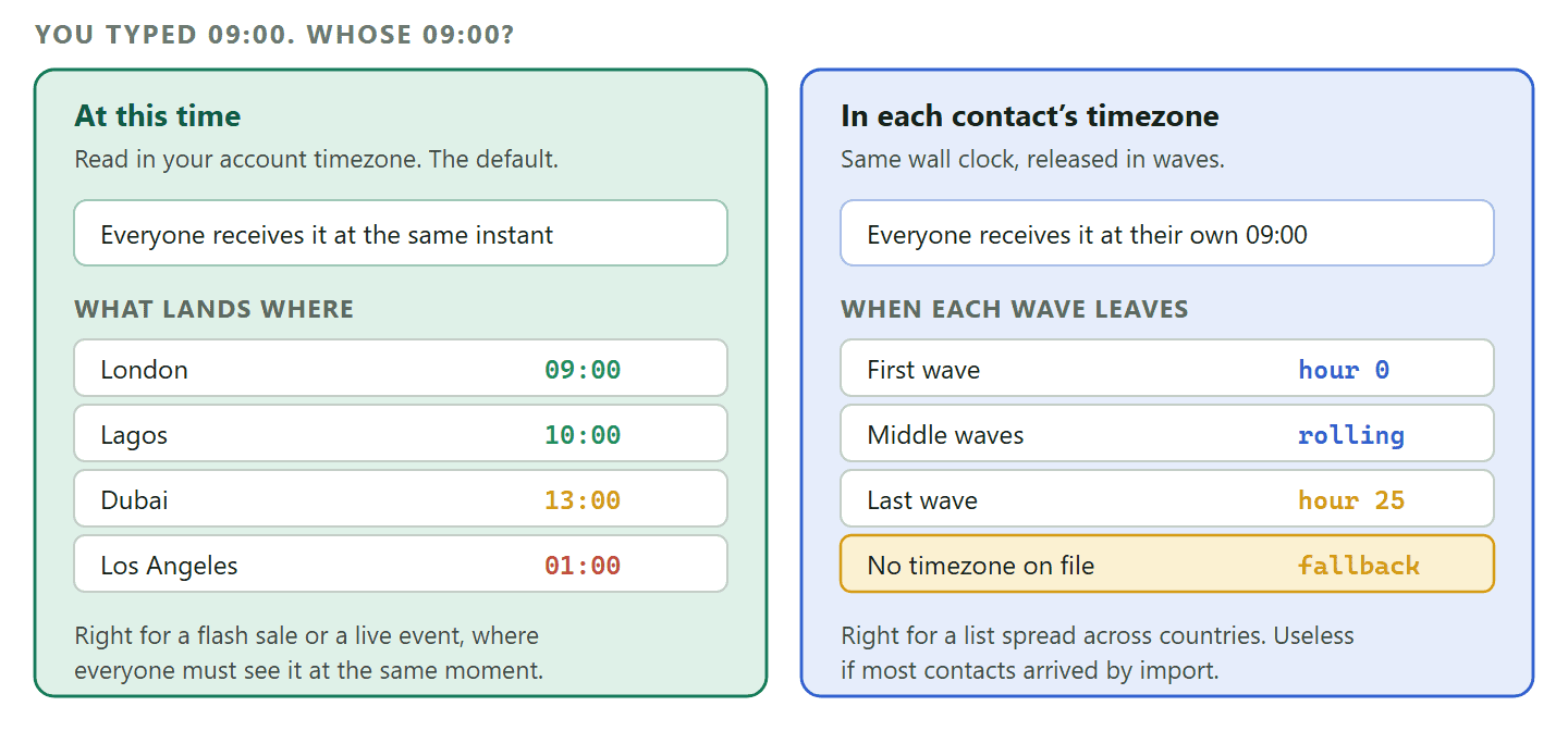 A comparison of the two timezone modes for a scheduled WhatsApp broadcast. On the left, At this time sends to every recipient at the same instant, read in the account timezone, so a nine o'clock London send lands at four in the morning in Los Angeles. On the right, At this time in each contact's timezone staggers the send so each person receives it at nine in their own morning, with waves rolling out over roughly twenty five hours, and contacts with no timezone on file falling back to the account time.