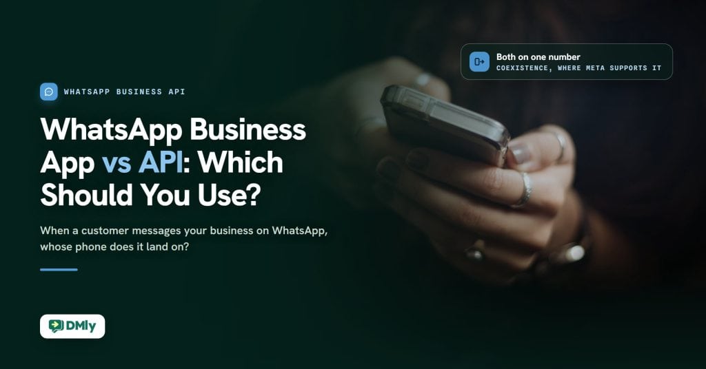 Dark green featured card for the guide WhatsApp Business App vs API: Which Should You Use?, with two hands holding a smartphone on the right, a chip reading Both on one number, coexistence where Meta supports it, and the DMly logo.