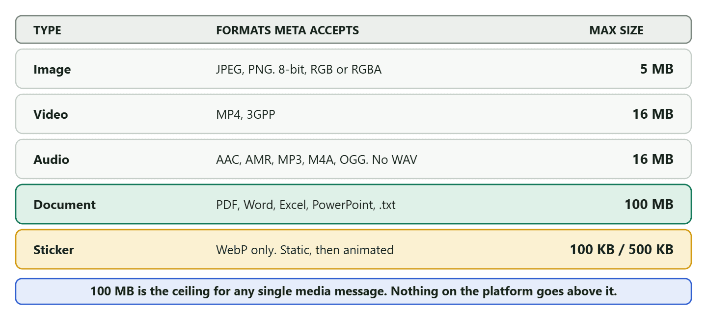 A table of the maximum file size and accepted formats Meta publishes for each media type on the WhatsApp Cloud API: images in JPEG or PNG up to 5MB, video in MP4 or 3GPP up to 16MB, audio in AAC, AMR, MP3, M4A or OGG up to 16MB, documents in PDF, Word, Excel, PowerPoint or plain text up to 100MB, static stickers in WebP up to 100KB and animated stickers in WebP up to 500KB, with a closing line noting that 100MB is the ceiling for any single media message.