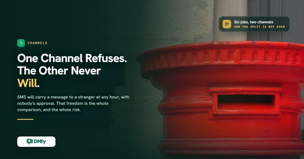 Featured image for the comparison of WhatsApp marketing against SMS marketing, a deep green card over a photograph of a red pillar postbox standing against a pale wall, carrying the headline that one channel refuses and the other never will.