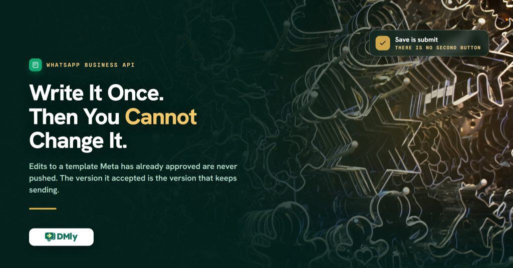 Featured image for the explainer on WhatsApp message templates, a deep green card over a photograph of dozens of metal biscuit cutters hanging in rows and catching the light, carrying the headline that you write it once and then cannot change it.