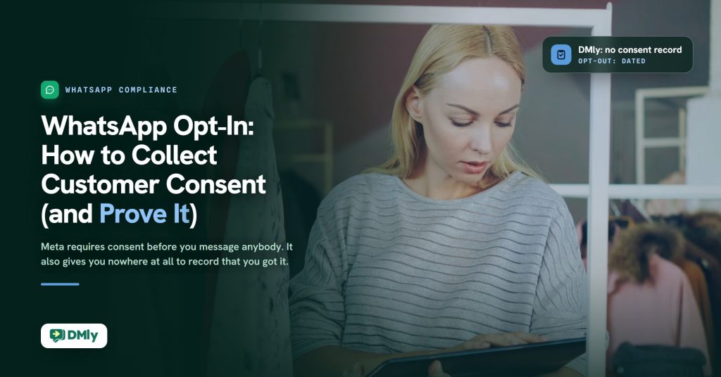 A woman stands by a clothes rail reading a tablet with a focused look, beside a WhatsApp compliance label, the headline WhatsApp Opt-In: How to Collect Customer Consent (and Prove It), the line that Meta requires consent before you message anybody and gives you nowhere to record that you got it, a dark glass chip reading DMly: no consent record, opt-out: dated, and the DMly logo.