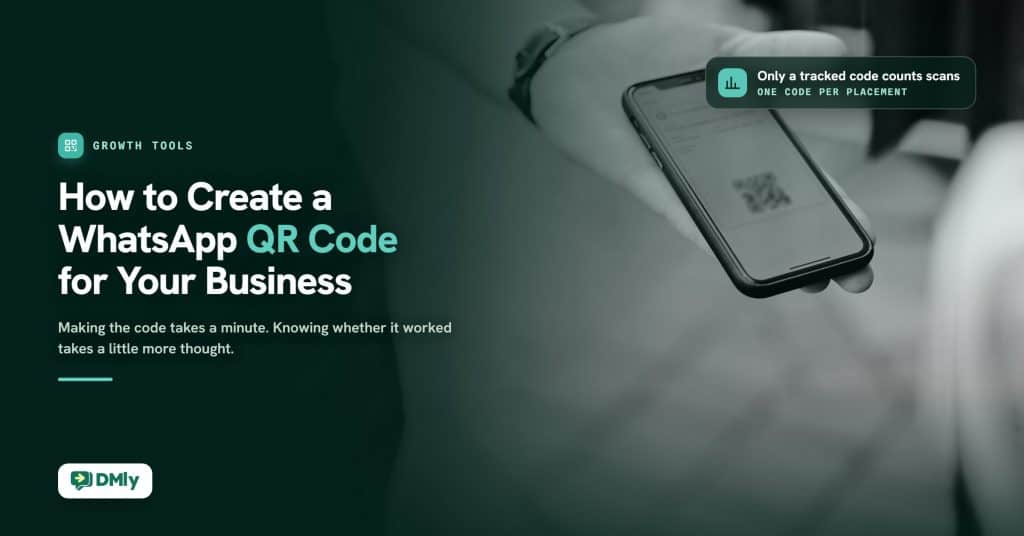 Dark green featured card for the guide How to Create a WhatsApp QR Code for Your Business, with a black and white photo of a hand holding a smartphone that shows a QR code on the right, a chip reading Only a tracked code counts scans, and the DMly logo.