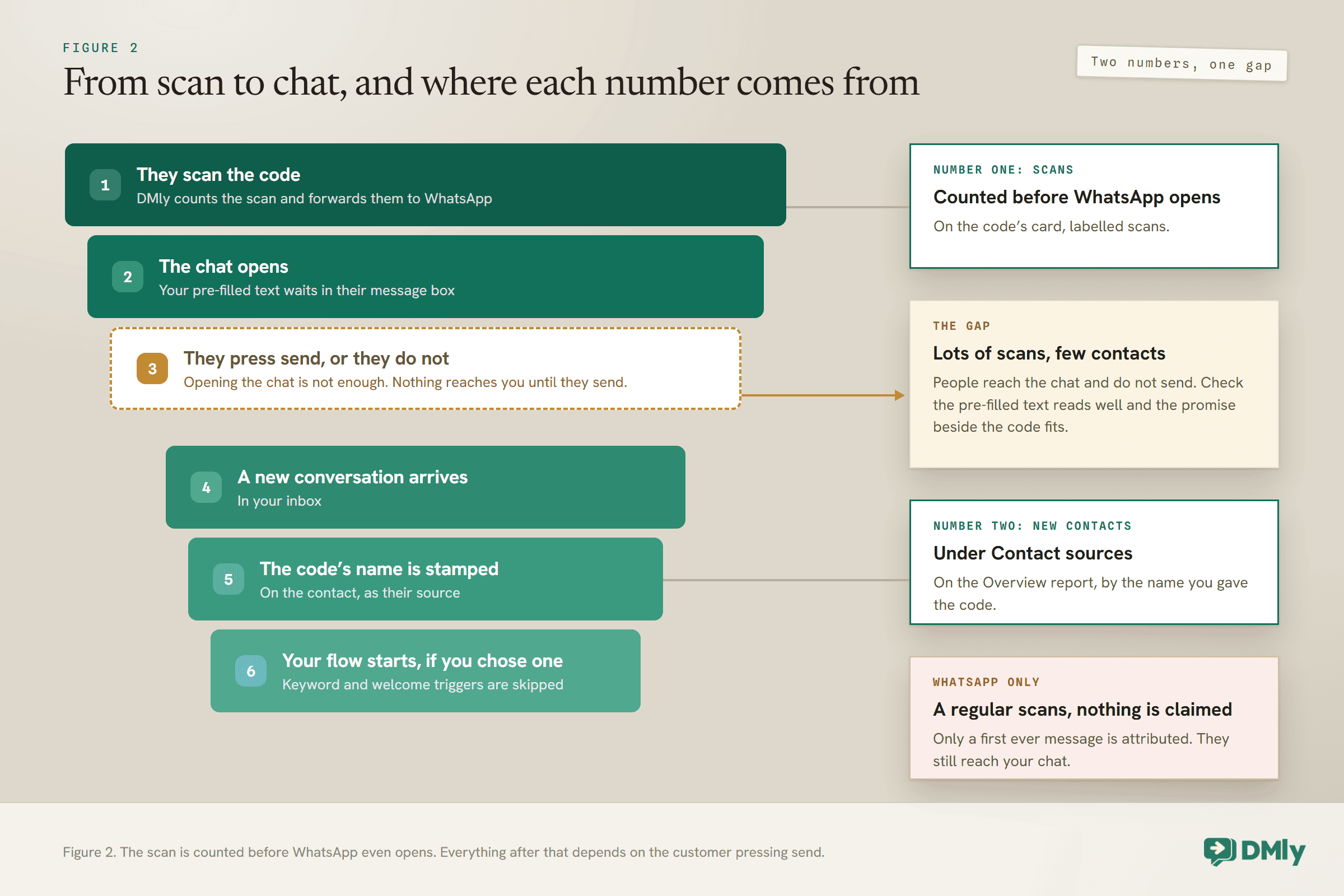 A narrowing funnel of six steps after someone scans a tracked WhatsApp QR code: DMly counts the scan and forwards them, the chat opens with the pre-filled text, they press send or do not, a new conversation arrives, the code's name is stamped on the contact as their source, and a chosen flow starts with keyword and welcome triggers skipped. Side notes say scans are counted on the code's card, the gap between scans and contacts is people who did not send, new contacts appear under Contact sources on the Overview report, and on WhatsApp a returning customer is not claimed.