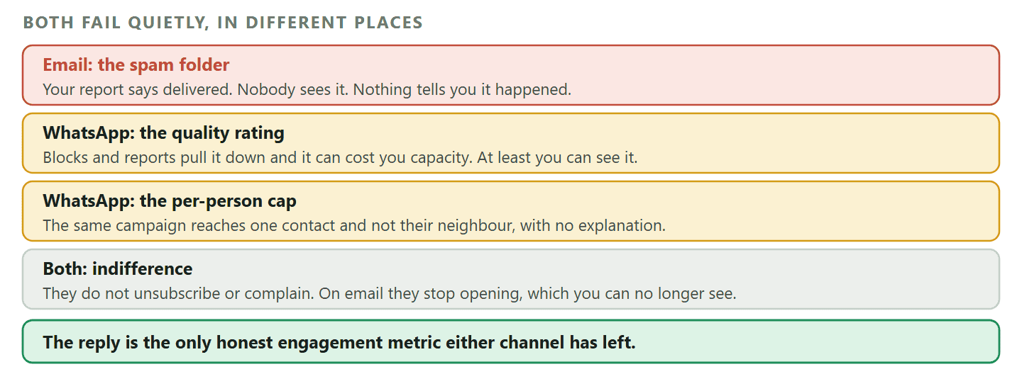 A diagram of where email marketing and WhatsApp marketing fail quietly and whether the failure is visible. Email fails into the spam folder, where reports still show the message as delivered while recipients see nothing, and the causes are authentication problems, complaint rates and sending patterns diagnosed outside the marketing tool. WhatsApp fails into the quality rating, which Meta derives from how people react to messages including blocks and reports, and which can cost messaging capacity but is at least visible to the business. WhatsApp also fails per person through an adaptive per-user marketing cap, so the same campaign reaches one contact and not their neighbour with no explanation. Both channels fail into indifference, which nothing measures, though on email the loss of engagement is now invisible while on WhatsApp the person simply stops replying. A footer band records that the reply is the only honest engagement metric either channel has left.