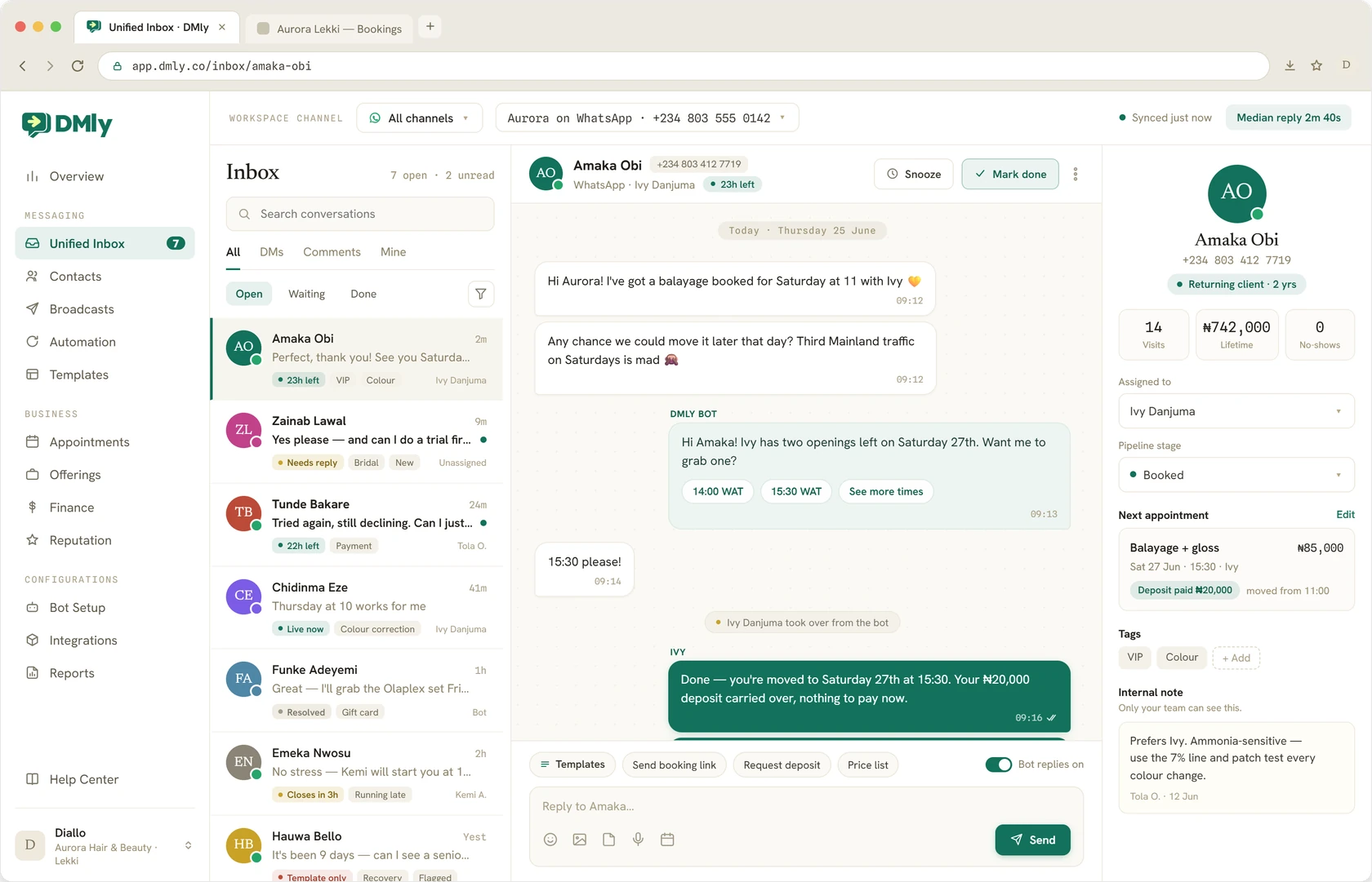 The DMly unified inbox: WhatsApp conversations in one list, a booking handed from the bot to a stylist, and the customer profile beside the chat