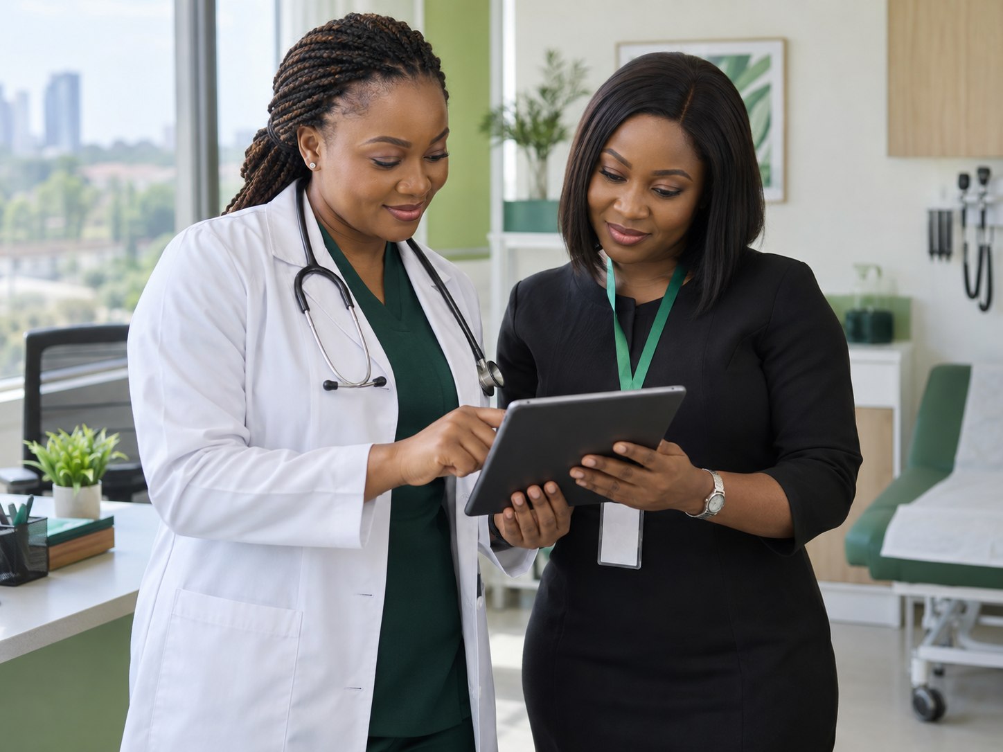 Nigerian doctor and clinic administrator reviewing follow-ups
