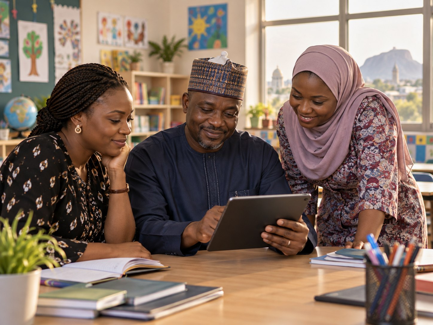 Nigerian teaching team reviewing parent communications