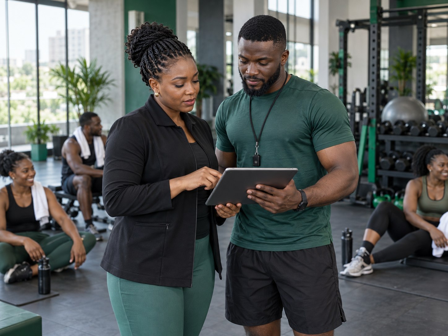 Nigerian gym manager reviewing attendance with a coach