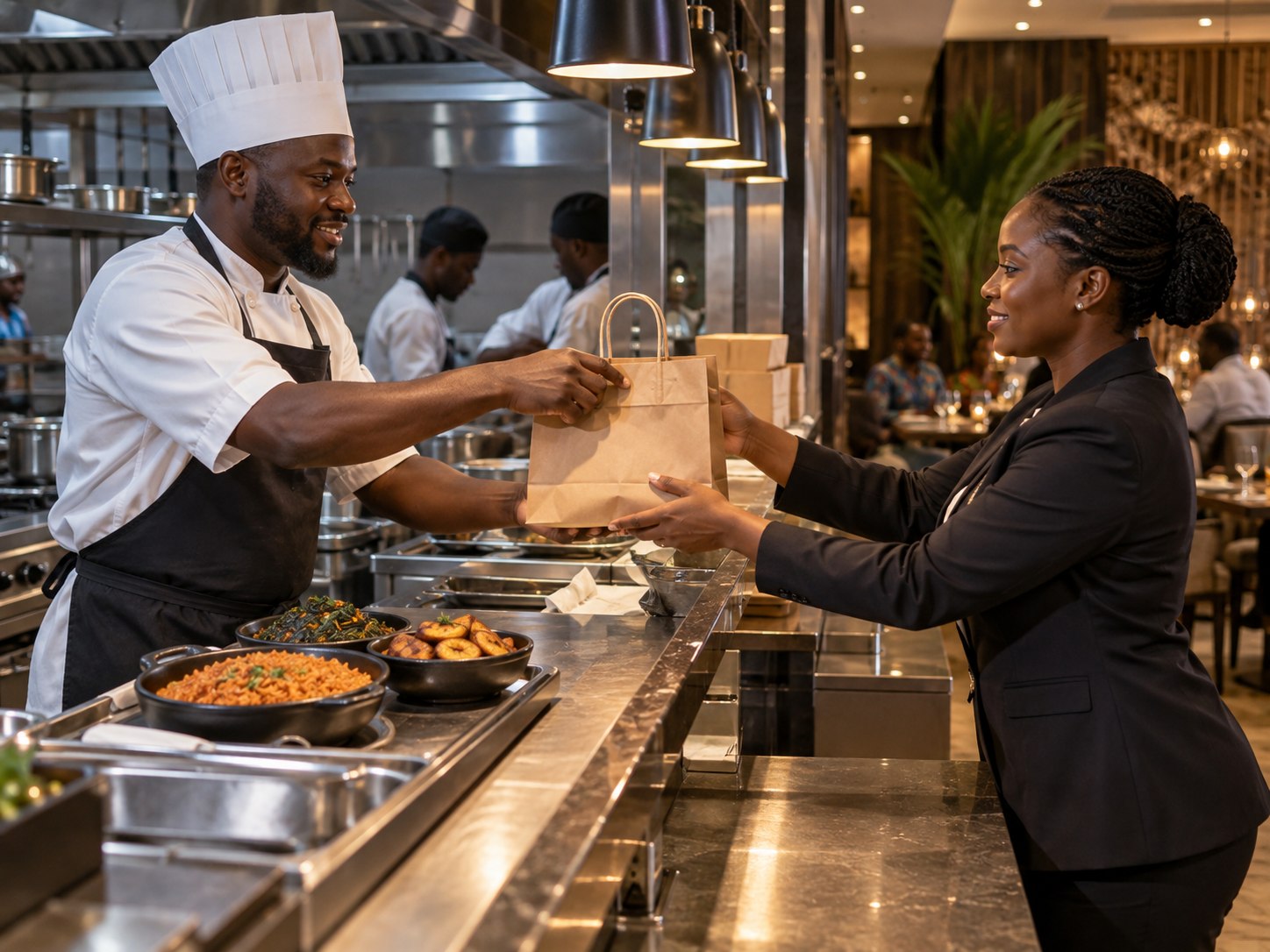 Nigerian chef and restaurant manager coordinating an order
