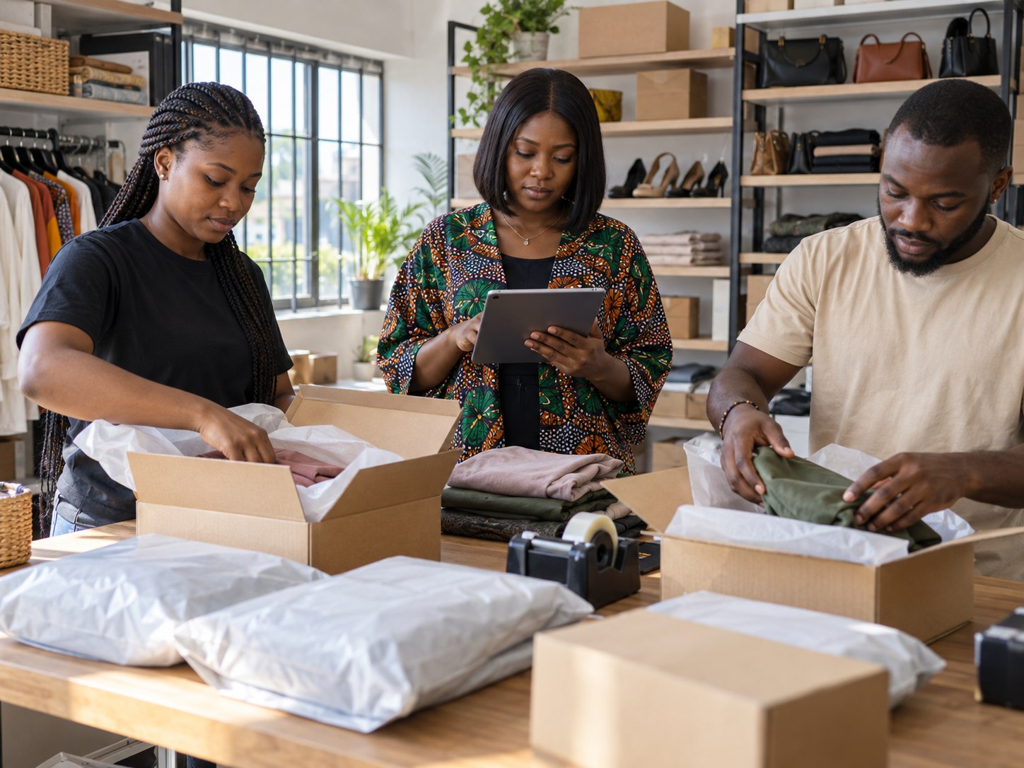 Nigerian retail team packing customer orders