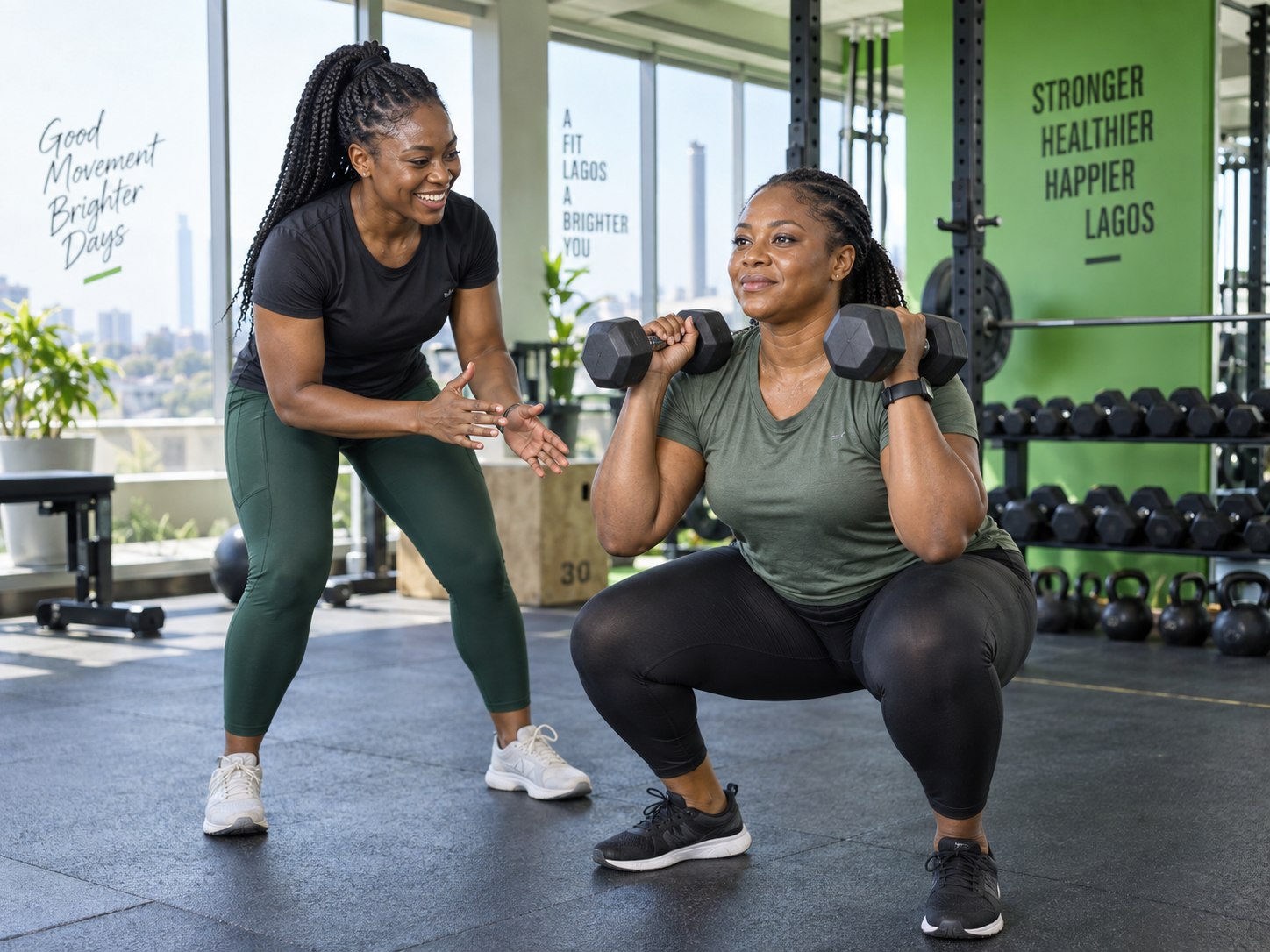 Nigerian fitness coach guiding a client through strength training
