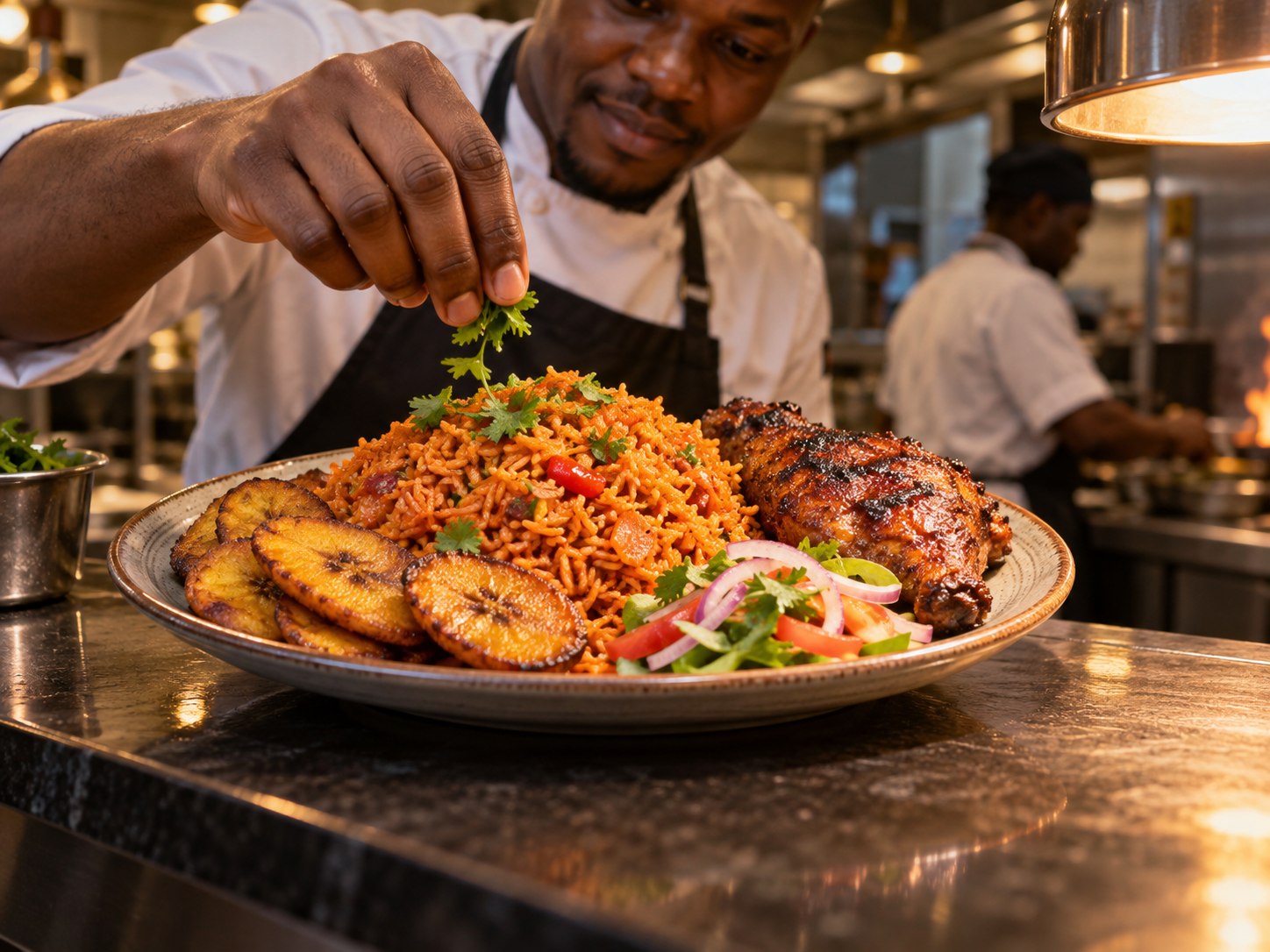 Nigerian chef plating jollof rice, chicken and plantain