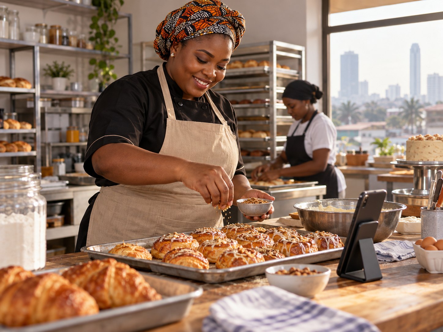 Nigerian bakery owner focused on her work while enquiries are handled