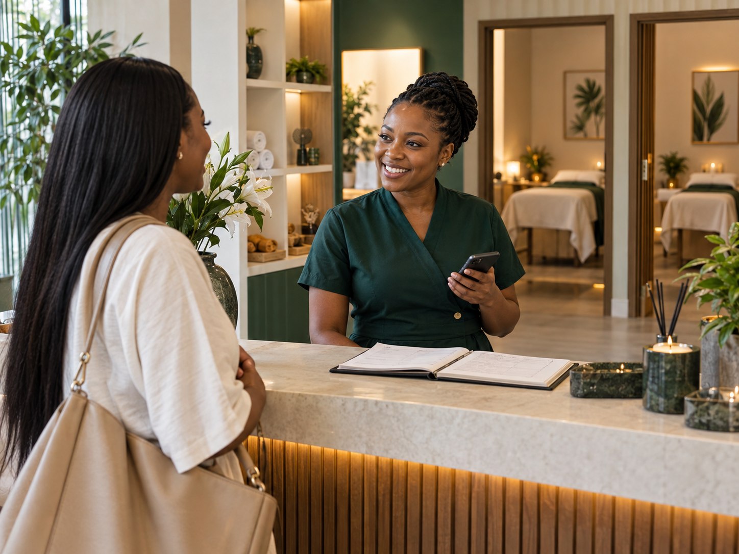 Nigerian spa receptionist welcoming a booked client