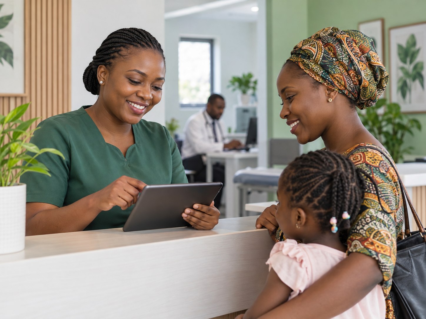 Nigerian clinic receptionist helping a mother confirm an appointment