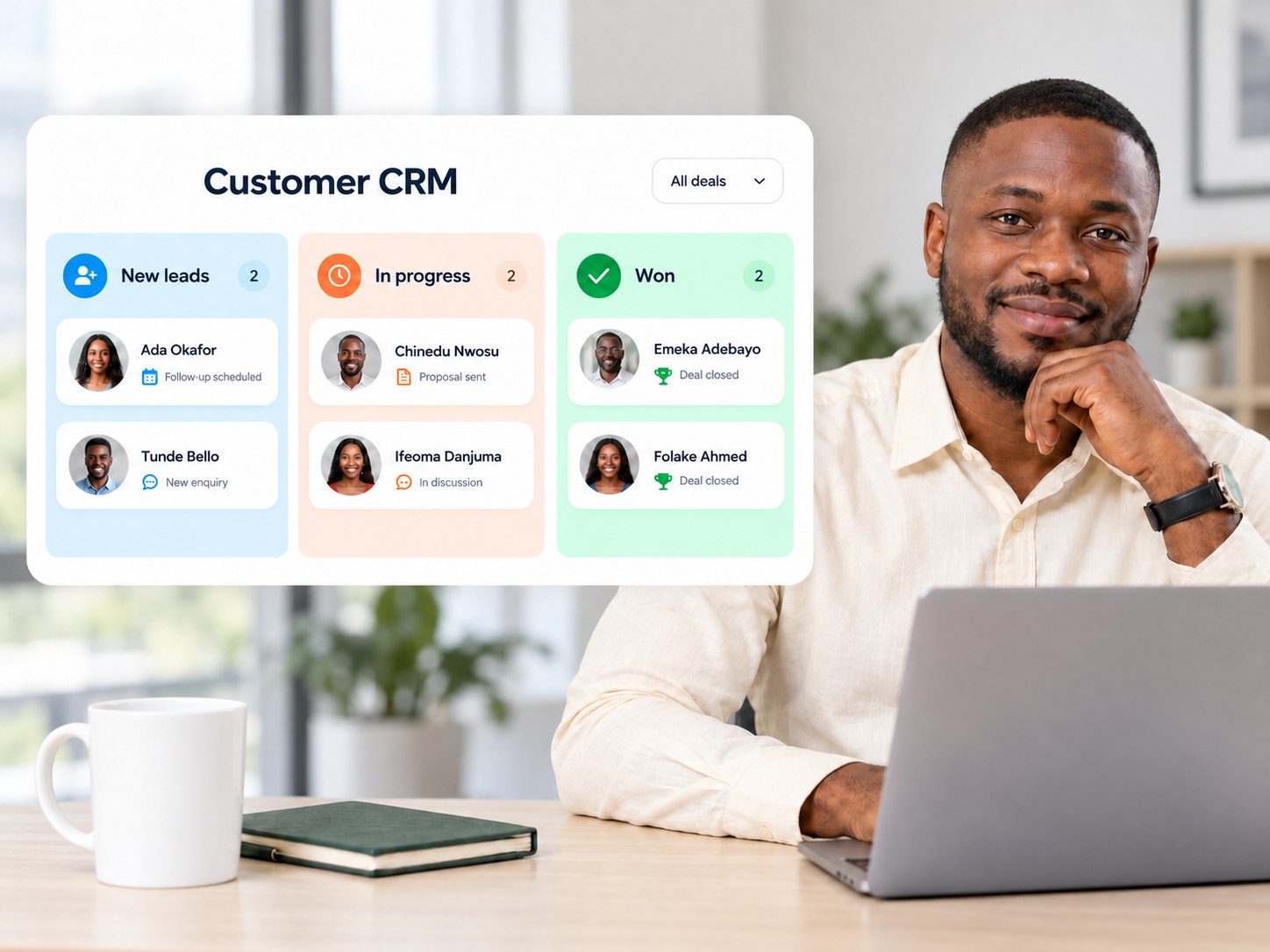 Nigerian business owner beside a colourful customer relationship pipeline