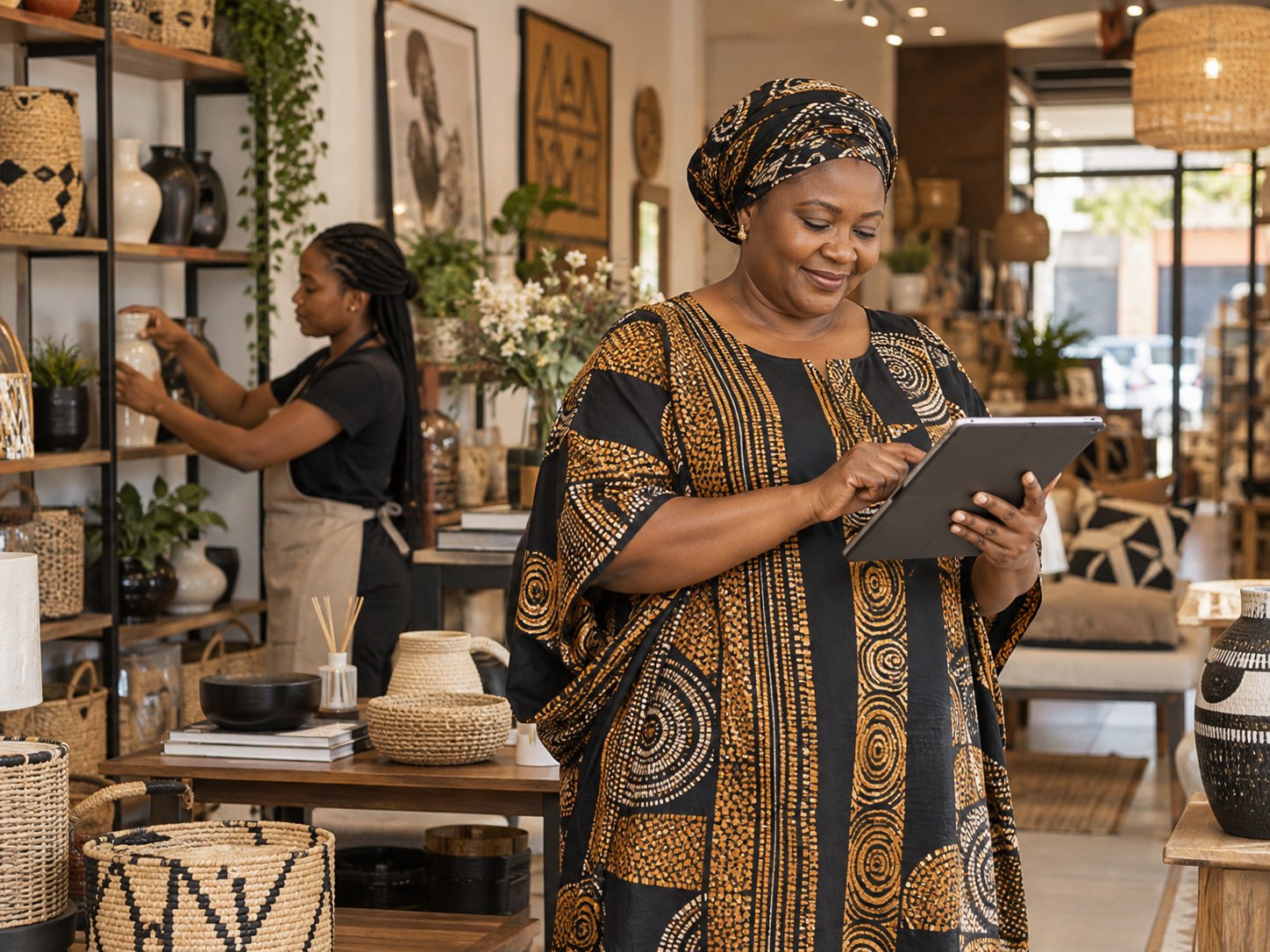 Nigerian home-goods retailer answering customers on a tablet