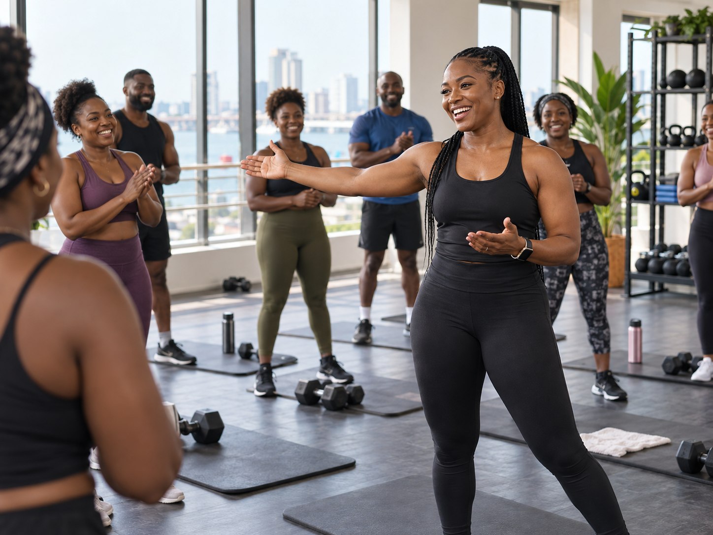 Nigerian fitness studio owner leading a full group class
