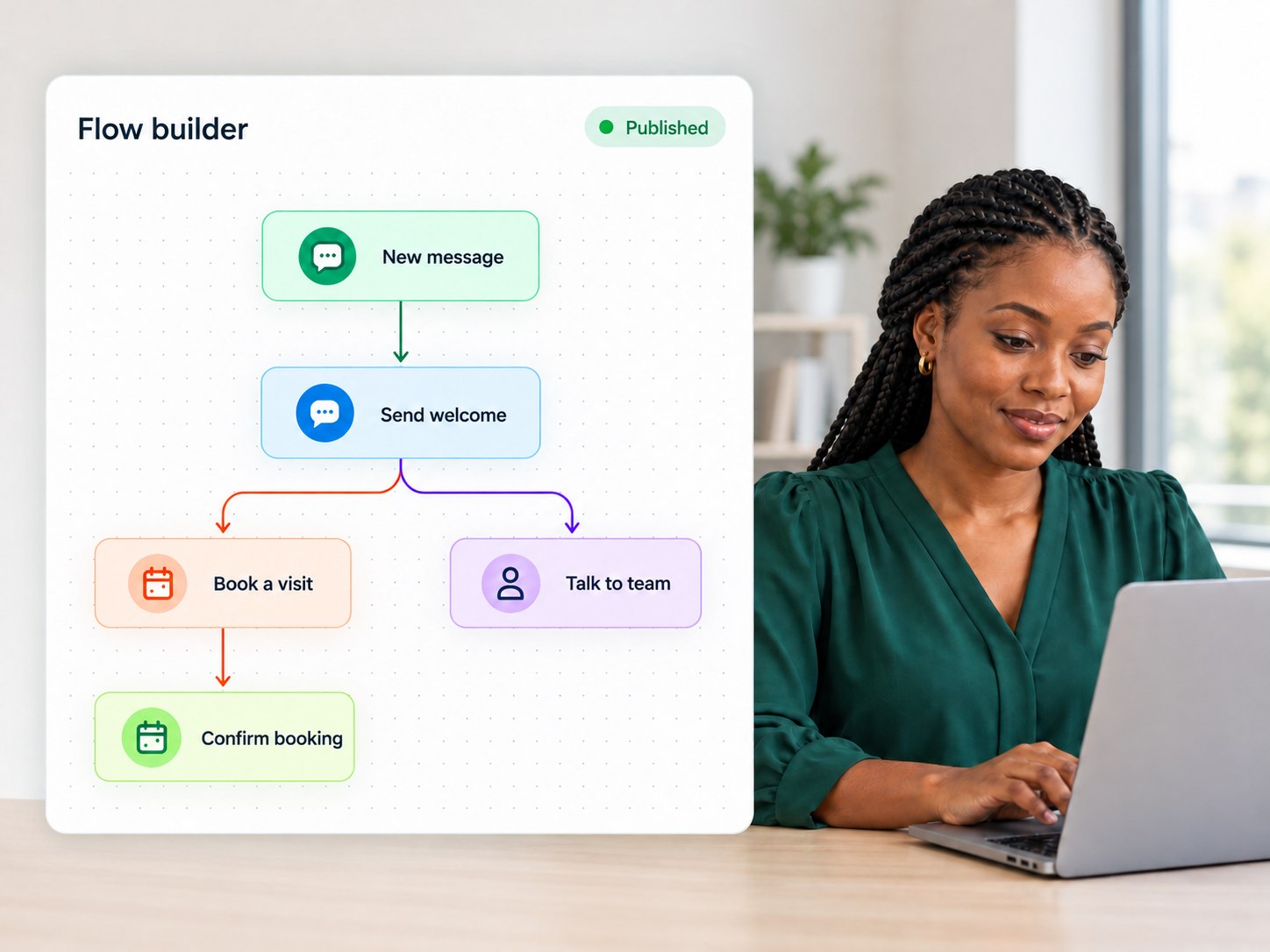 Nigerian professional beside a colourful visual chatbot booking workflow