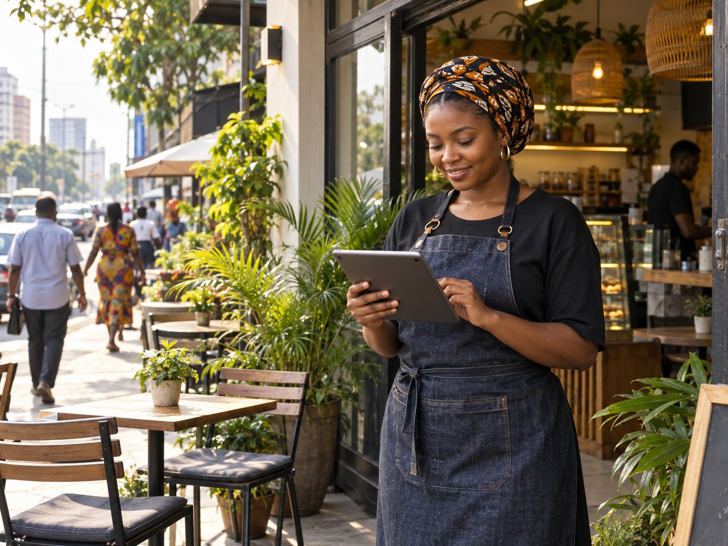Nigerian cafe owner responding to a local customer enquiry