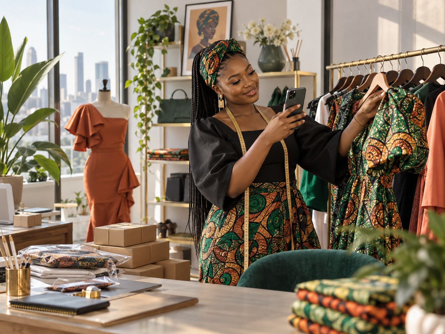 Nigerian fashion designer creating a social product post