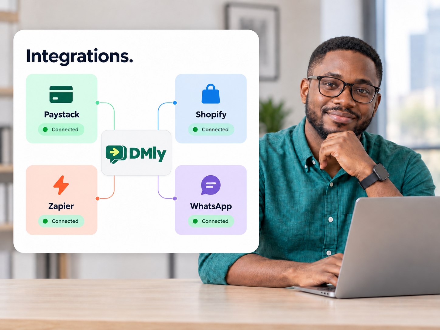 Nigerian professional beside a diagram connecting DMly with business tools