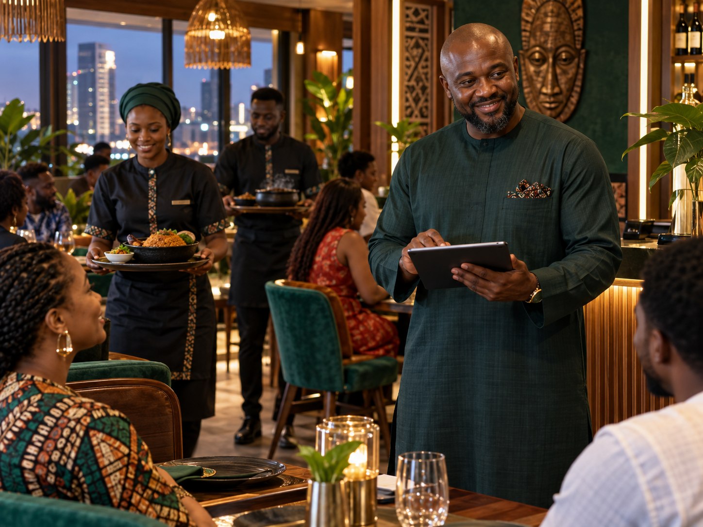 Nigerian restaurant owner welcoming guests with reservations